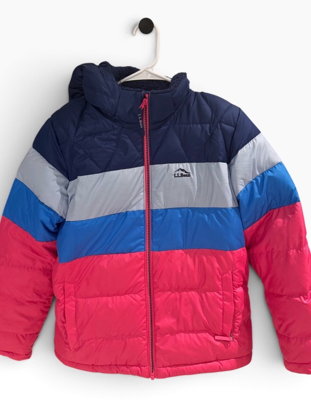L.L. Bean Kids Colorblock Puffer Jacket - Navy, Gray, Blue & Pink